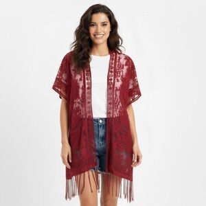 David and Young Red Floral Burnout Kimono Cardigan Fringe One Size Boho Festival